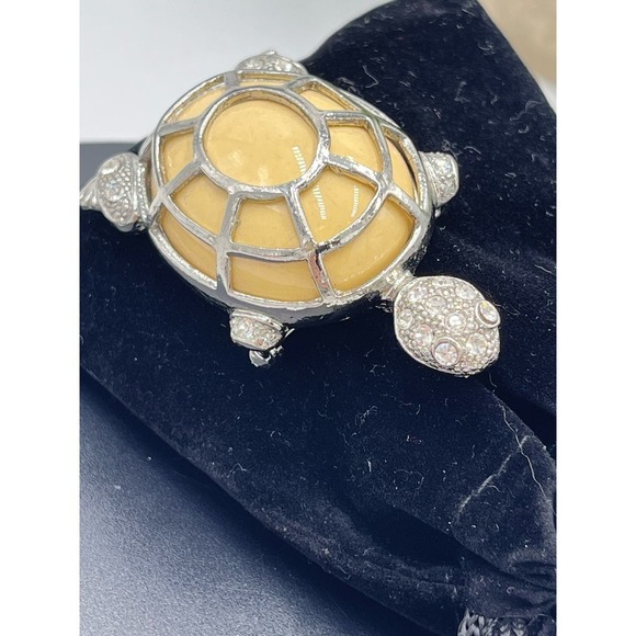 Vintage Turtle Cream Stone Silver Tone Pave Crystals Pin Brooch - Picture 10 of 14